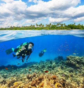Underwater coral reef with scuba divers